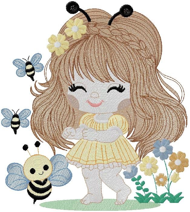 Cute Little Bee Girl Embroidery Design
