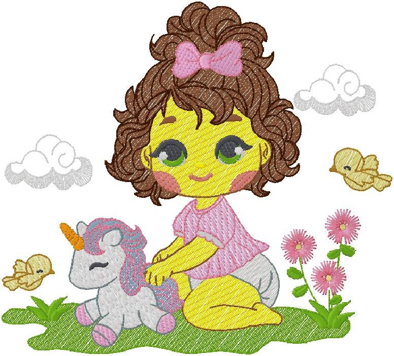 Cute Little Girl with Unicorn Embroidery Design