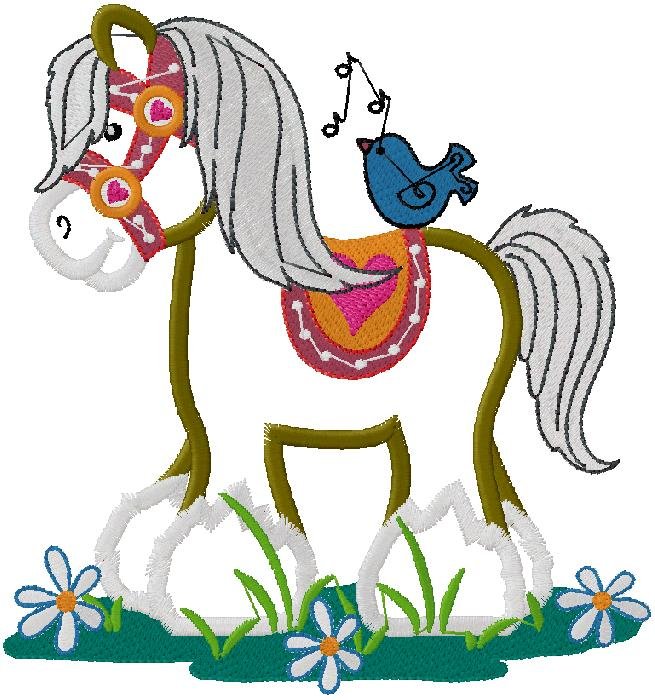 Cute Pony with Singing Bird Embroidery Design