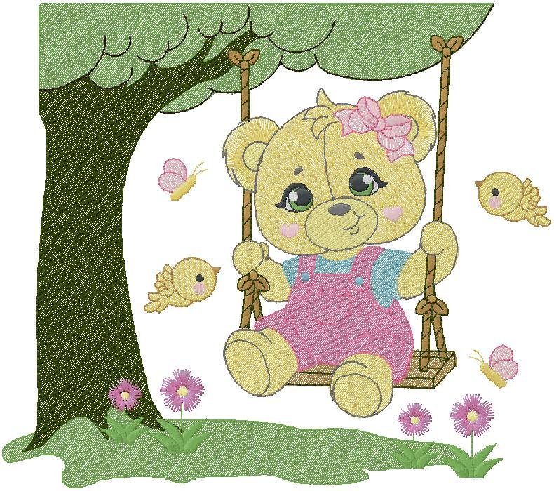 Cute Teddy Bear on Swing Embroidery Design