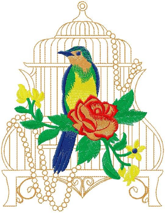 Elegant Bird & Rose in Vintage Birdcage Embroidery Design