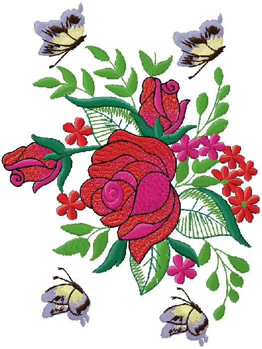 Romantic Rose Bouquet with Butterflies Embroidery Design
