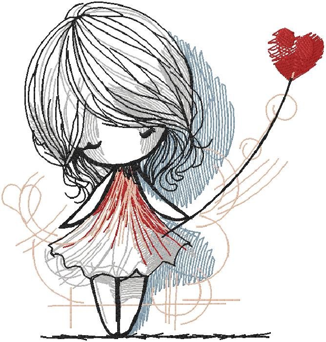 Sketch Style Girl with Heart Embroidery Design