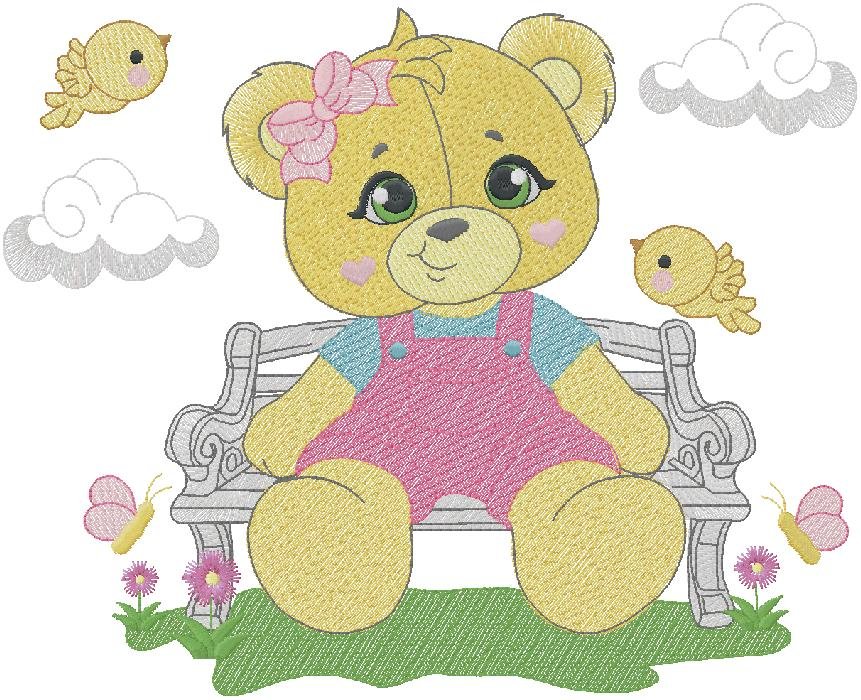 Sweet Teddy Bear on Garden Bench Embroidery Design