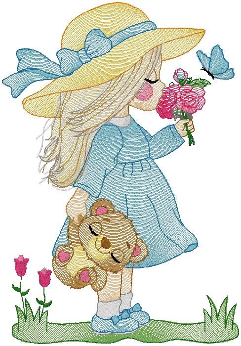 Little Girl with Teddy Bear and Flowers Embroidery Design