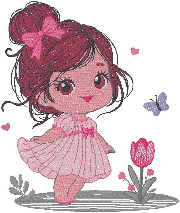 Sweet Little Girl in Pink Dress Embroidery Design