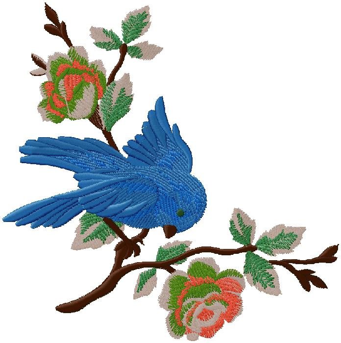 Blue Bird & Vintage Rose Branch Embroidery Design