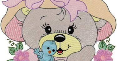 cute Bear with flowers embroidery design