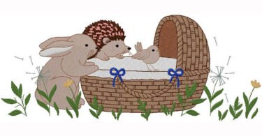 Rabbit, hedgehog and bird Embroidery Design