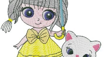 cute girl with cat embroidery design