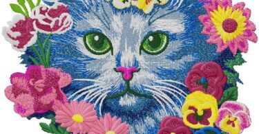 cat with flowers embroidery design
