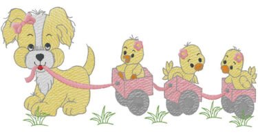 cute puppy with baby ducks embroidery design