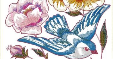 bird with flowers machine embroidery design
