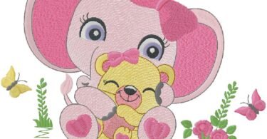 Cute Elephant with Baby Teddy Bear embroidery design
