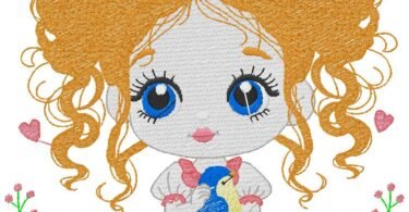 cute Girl with Bird embroidery design