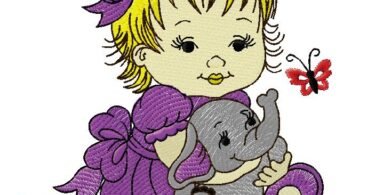 cute girl with Elephant embroidery design