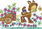 Baby deer  pulling a small wooden cart adorned with flowers