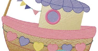 small boat floating on stylized blue waves