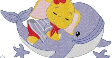 Cute Baby Elephant Riding a Dolphin – Embroidery Design