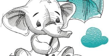 Cute Baby Elephant with Umbrella Embroidery Design
