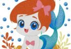Cute Baby Mermaid Embroidery Design with Bow and Ocean Elements