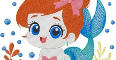 Cute Baby Mermaid Embroidery Design with Bow and Ocean Elements