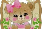 Cute Teddy Bear Embroidery Design with Pink Bow in an Elegant Floral Frame