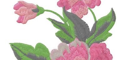 Elegant Pink Floral Embroidery Design with Lush Green Leaves