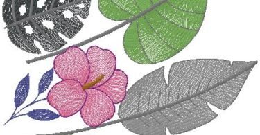 Tropical Leaves & Pink Blossom Embroidery Design