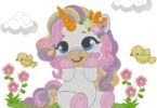 Cute Baby Unicorn with Flowers & Birds Embroidery Design
