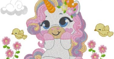 Cute Baby Unicorn with Flowers & Birds Embroidery Design