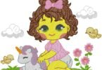 Cute Little Girl with Unicorn Embroidery Design