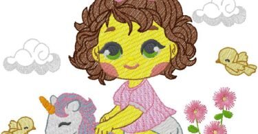 Cute Little Girl with Unicorn Embroidery Design