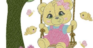 Cute Teddy Bear on Swing Embroidery Design