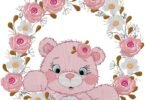 Cute Teddy Bear with Floral Wreath Embroidery Design