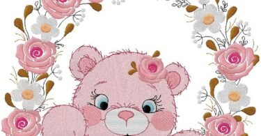 Cute Teddy Bear with Floral Wreath Embroidery Design