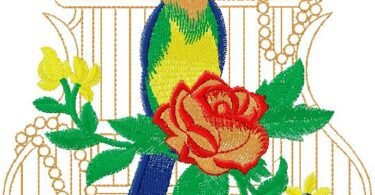 Elegant Bird & Rose in Vintage Birdcage Embroidery Design