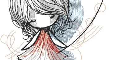 Sketch Style Girl with Heart Embroidery Design