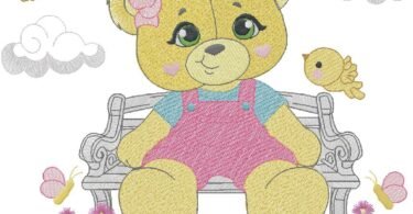 Sweet Teddy Bear on Garden Bench Embroidery Design