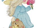 Little Girl with Teddy Bear and Flowers Embroidery Design