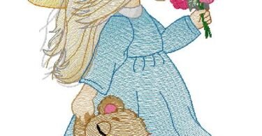 Little Girl with Teddy Bear and Flowers Embroidery Design
