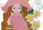 This lovely embroidery design features a charming little girl dressed in a soft pink dress and oversized elegant hat, creating a gentle vintage-inspired look. Sitting beside a rustic wooden fence and surrounded by delicate flowers and decorative swirls, the design captures a warm and whimsical countryside feeling.