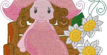 This lovely embroidery design features a charming little girl dressed in a soft pink dress and oversized elegant hat, creating a gentle vintage-inspired look. Sitting beside a rustic wooden fence and surrounded by delicate flowers and decorative swirls, the design captures a warm and whimsical countryside feeling.