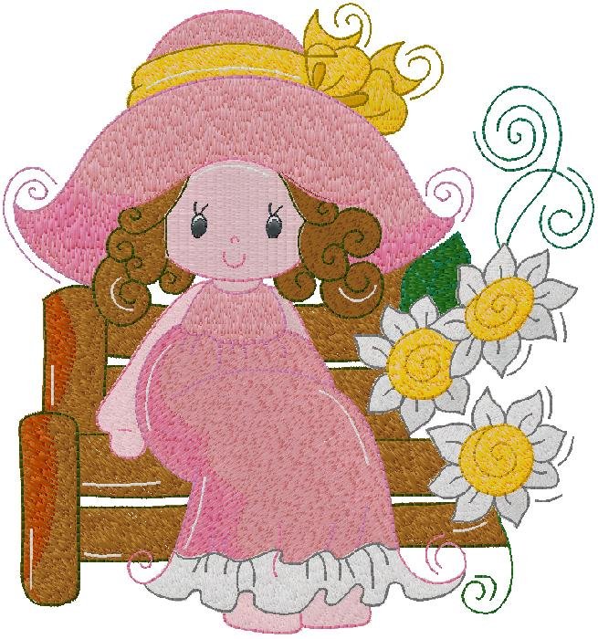 This lovely embroidery design features a charming little girl dressed in a soft pink dress and oversized elegant hat, creating a gentle vintage-inspired look. Sitting beside a rustic wooden fence and surrounded by delicate flowers and decorative swirls, the design captures a warm and whimsical countryside feeling.